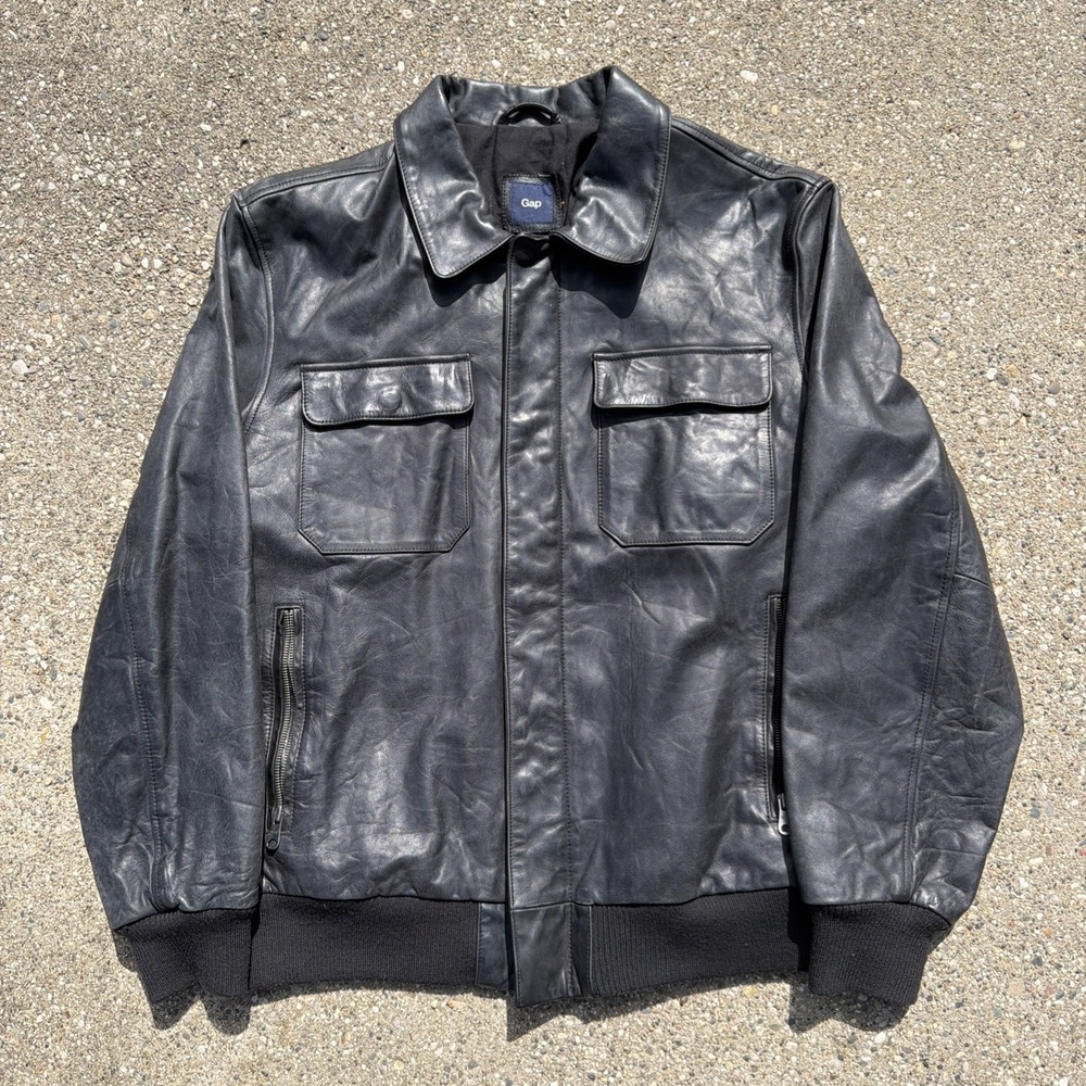 Gap Leather Bomber Moto Jacket Mens XL Black Zip America Biker Y2K
